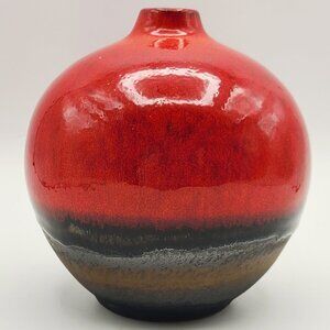 Crate & Barrel Lava Drip Glaze Red Black Brown Round Bulbous Bud Vase Thailand